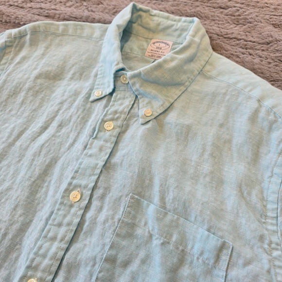 Brooks Brothers Other - Brooks Brothers Regent Fit 100% Linen Short Sleeve Button Down Shirt Blue L